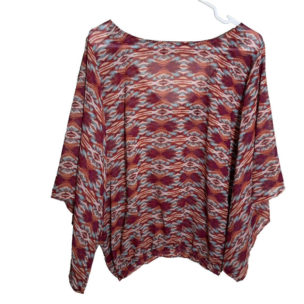 Bobeau Blouse Women's XL Colorful Low Back Sheer 3/4 Sleeve Shirt Top Boho
